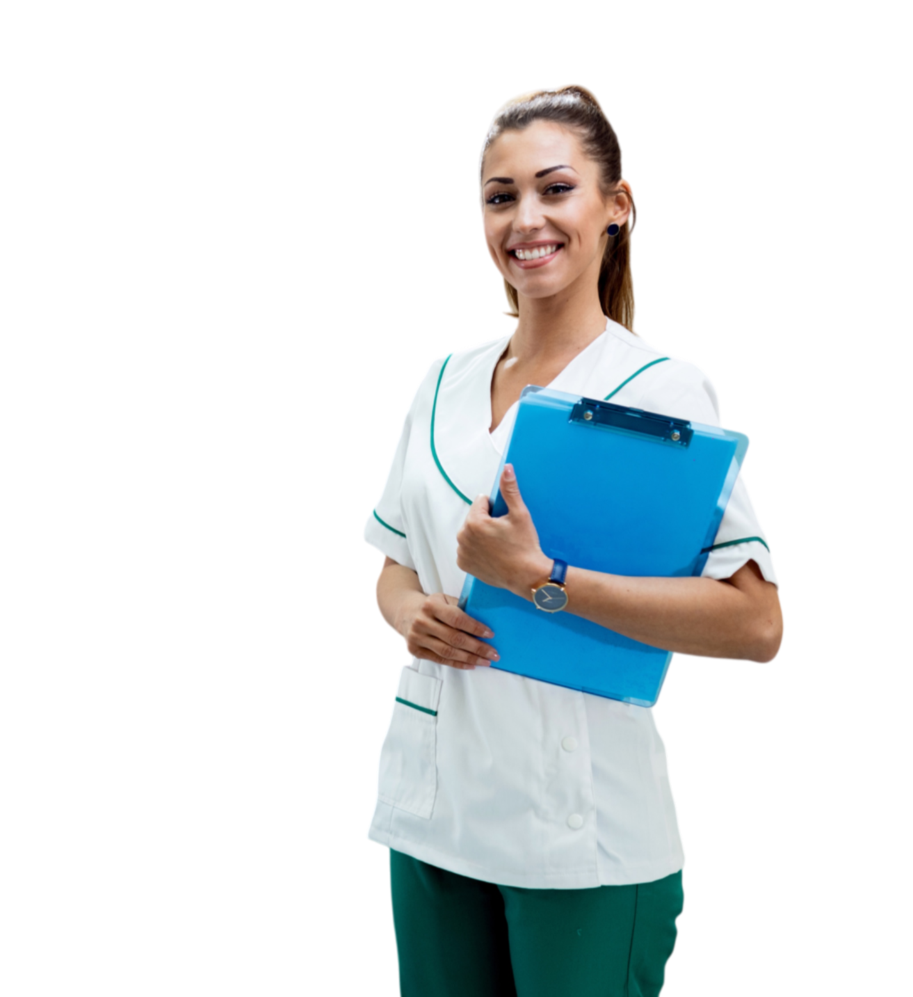A smiling female nurse or healthcare worker holding a blue clipboard and wearing a white uniform with green accents.