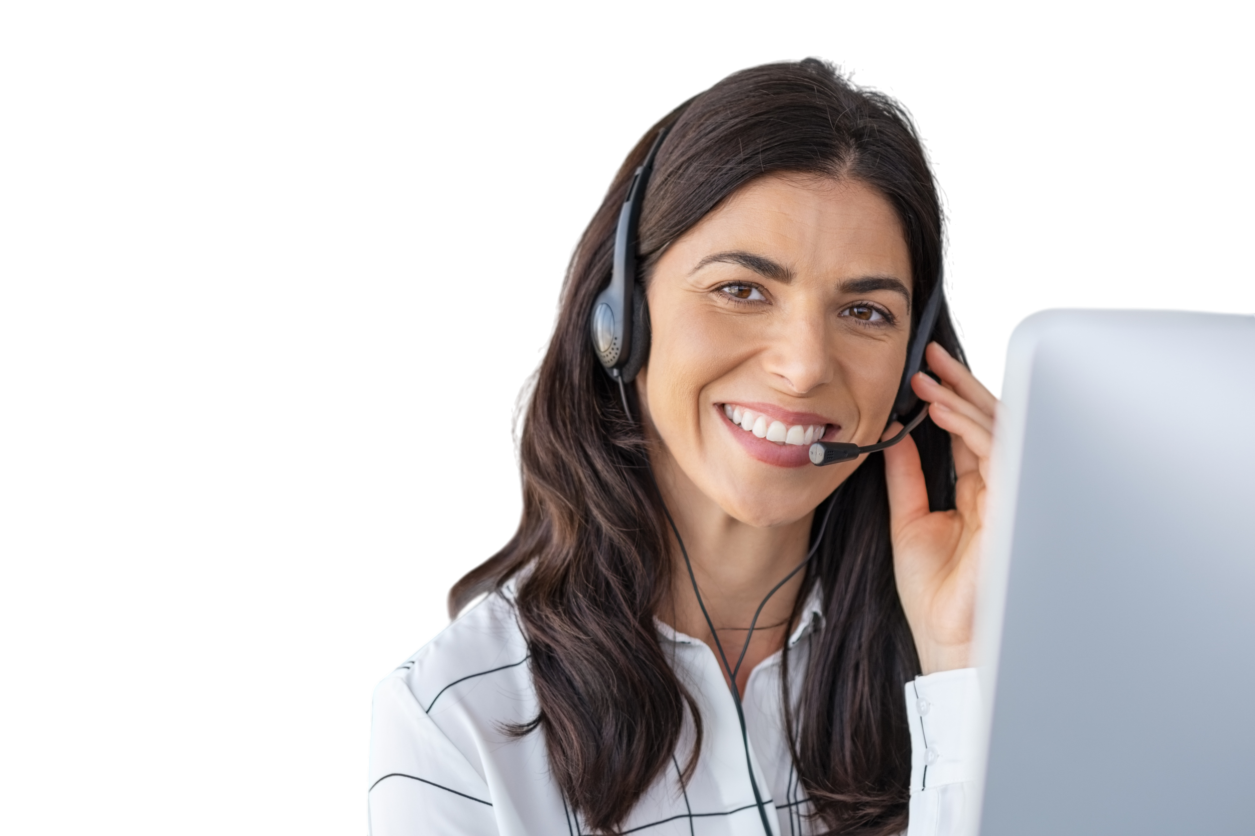 Smiling woman wearing a headset, working on a computer.