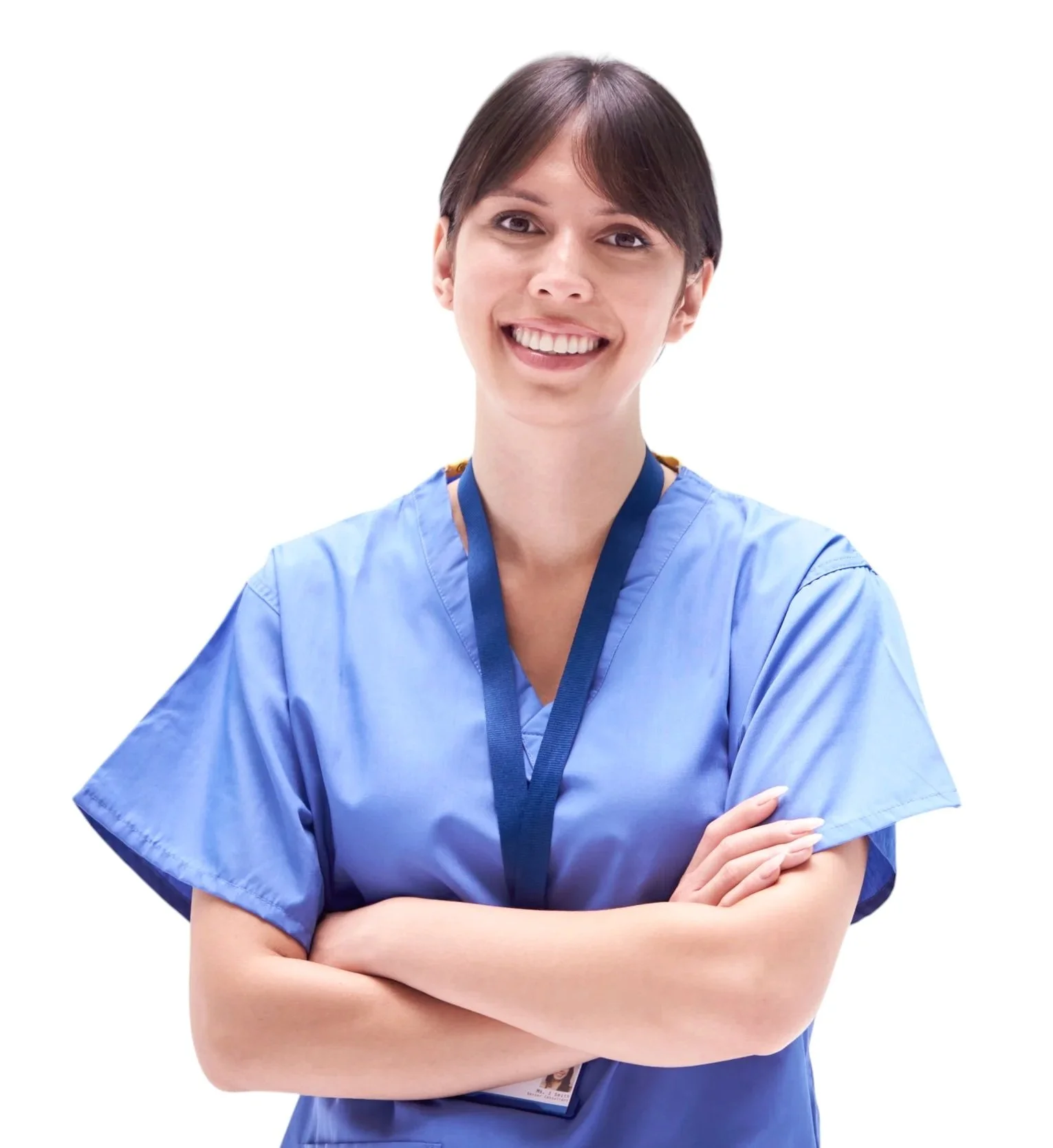 A smiling woman in blue scrubs with crossed arms, wearing a lanyard and badge against a white background.