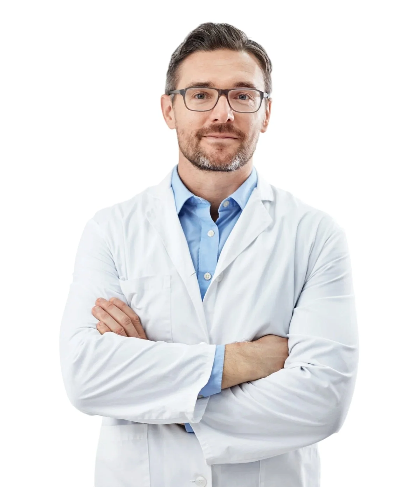 A man wearing glasses, a light blue shirt, and a white lab coat standing with arms crossed against a white background.