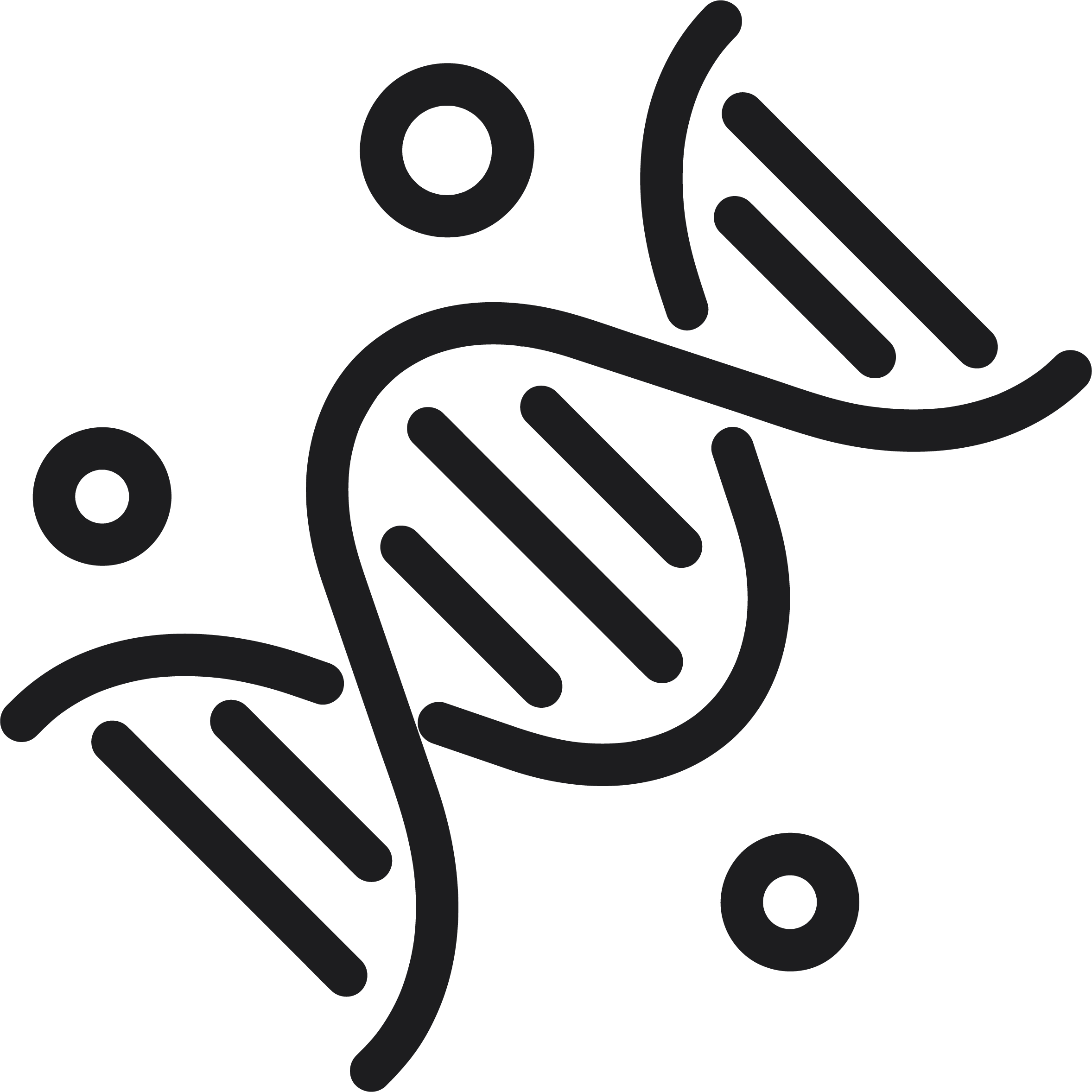 Outline illustration of a DNA double helix with circles representing scientific or genetic concepts.