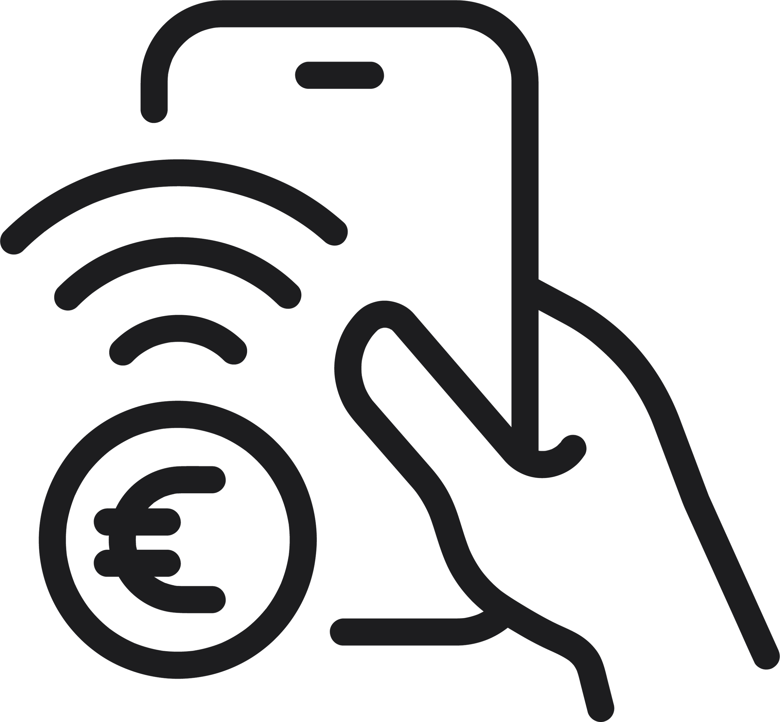 Outline of a hand holding a smartphone with a wireless signal icon and a euro currency symbol.