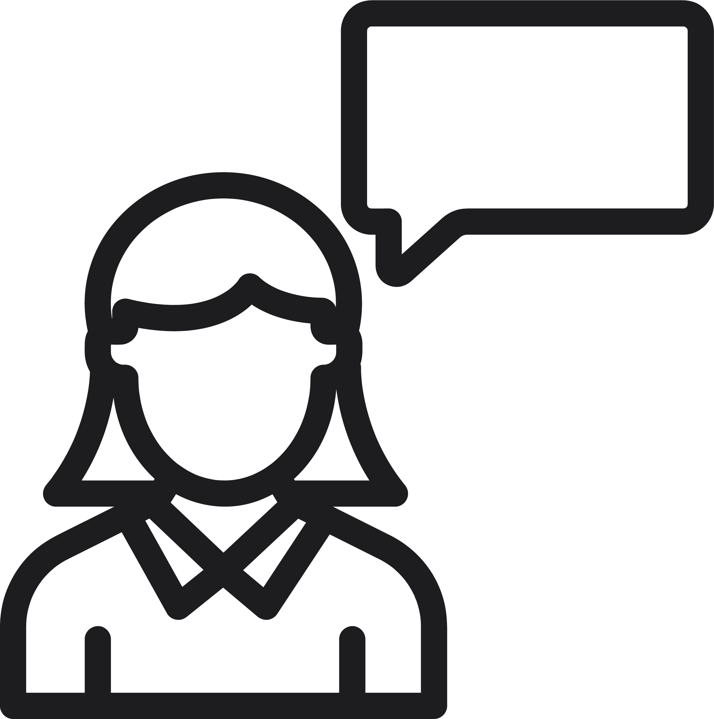 Line drawing of a woman with glasses, wearing a collared shirt, with a speech bubble above her head.