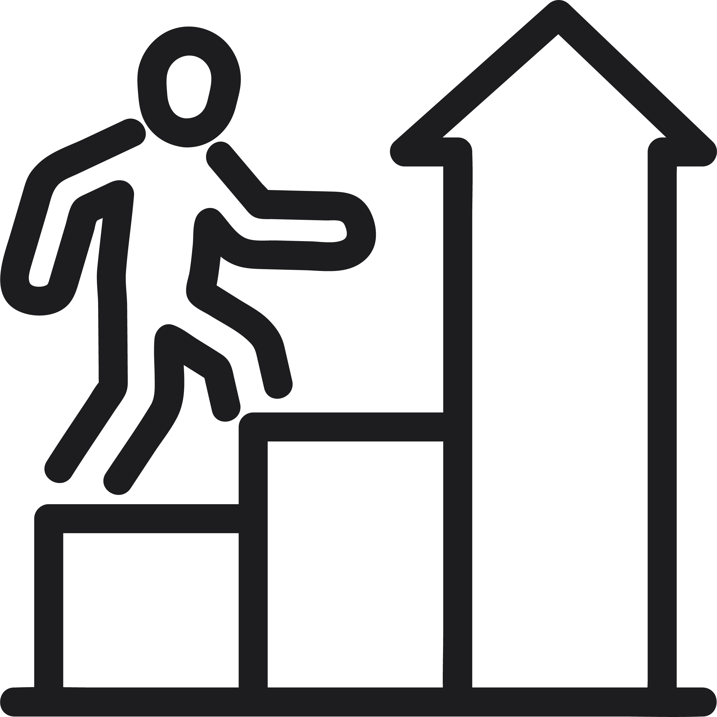 A line drawing of a person climbing stairs, moving upward, with a large arrow pointing upward.