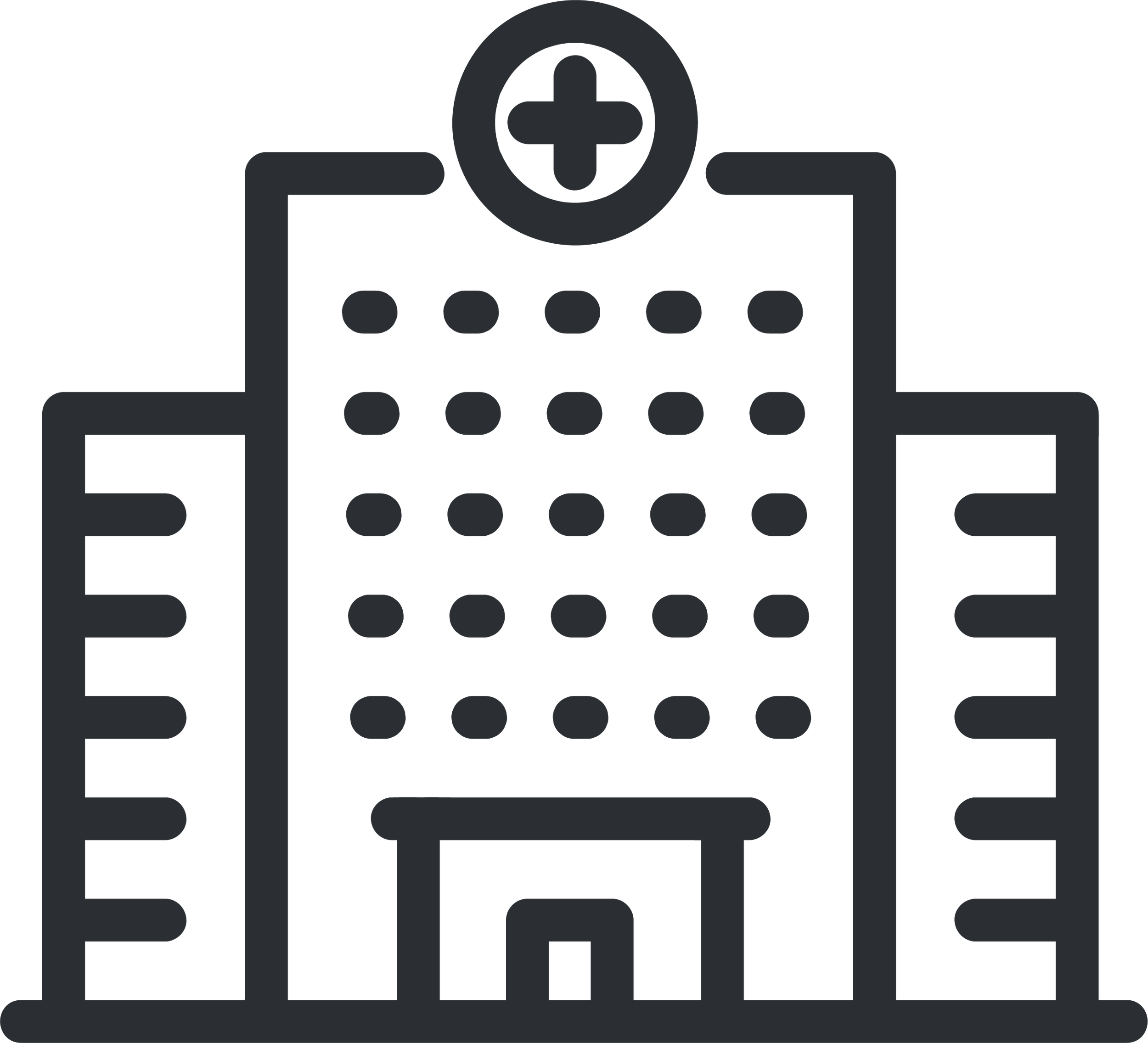 Outline of a hospital building with a medical cross symbol at the top.
