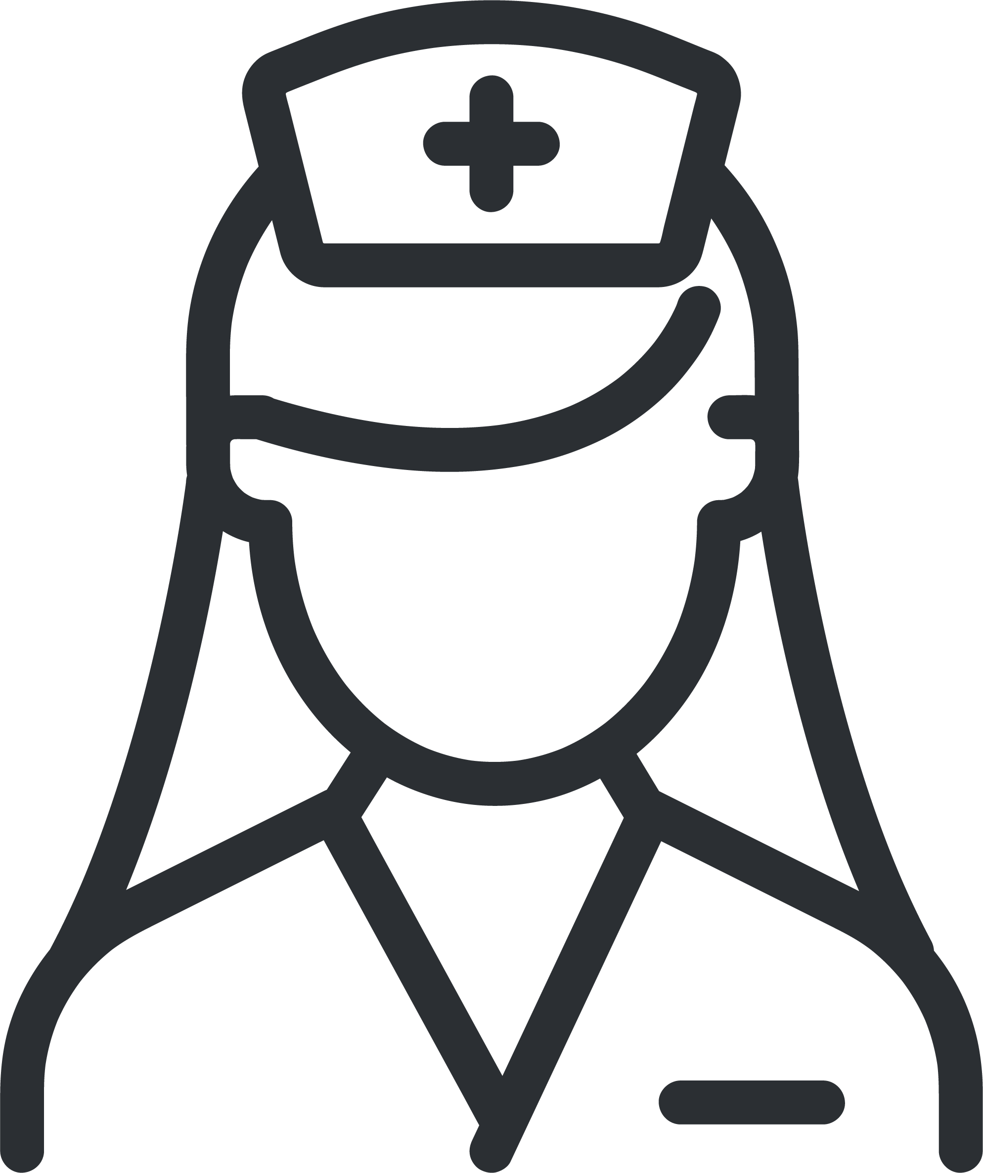 Outline drawing of a healthcare professional wearing a nurse cap with a cross symbol on it.