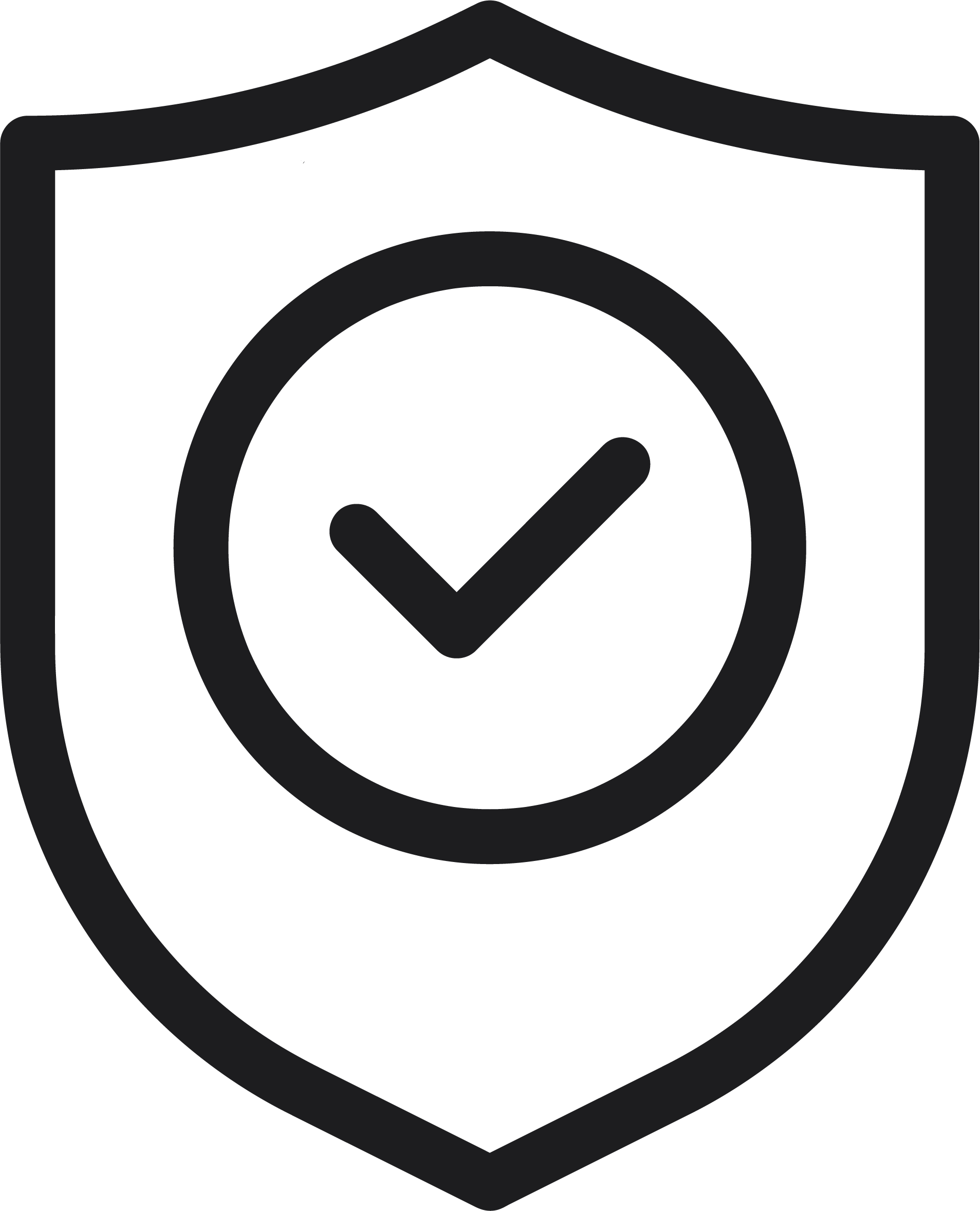 A shield with a checkmark inside a circle, symbolizing security or protection.