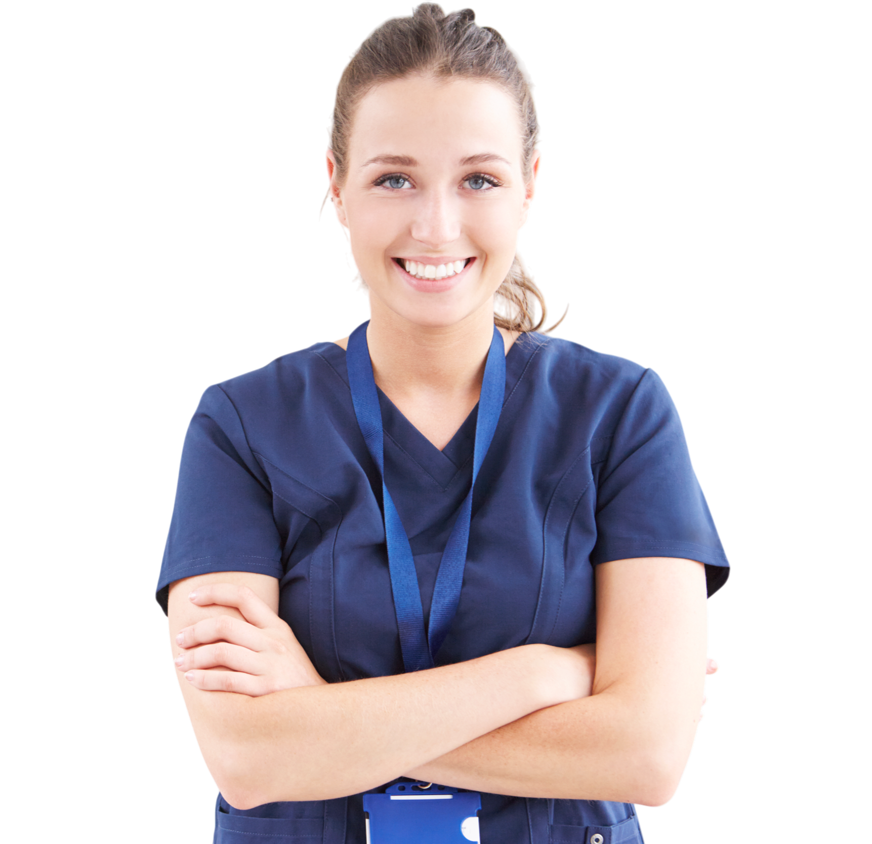 A young woman nurse smiling with arms crossed, wearing navy blue scrubs and a lanyard.