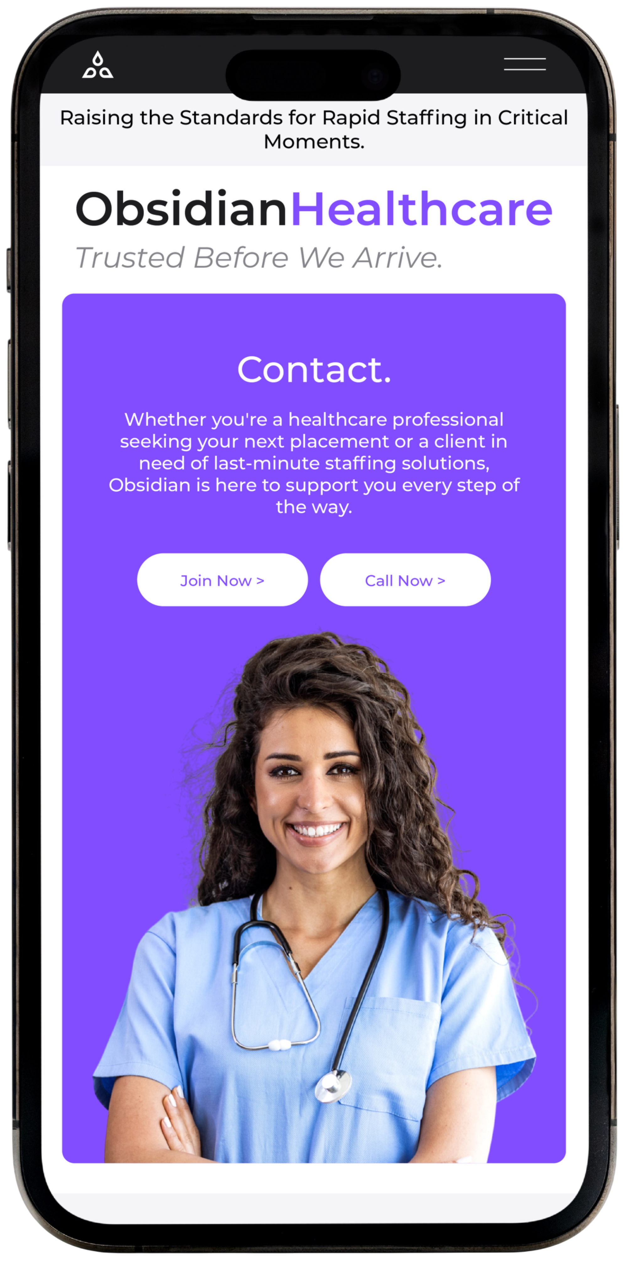 A mobile phone screen displaying a healthcare staffing website featuring a smiling female nurse in scrubs with a stethoscope around her neck, set against a purple background. The webpage includes headings about healthcare staffing, a call to action to join or call, and supporting text for healthcare professionals.