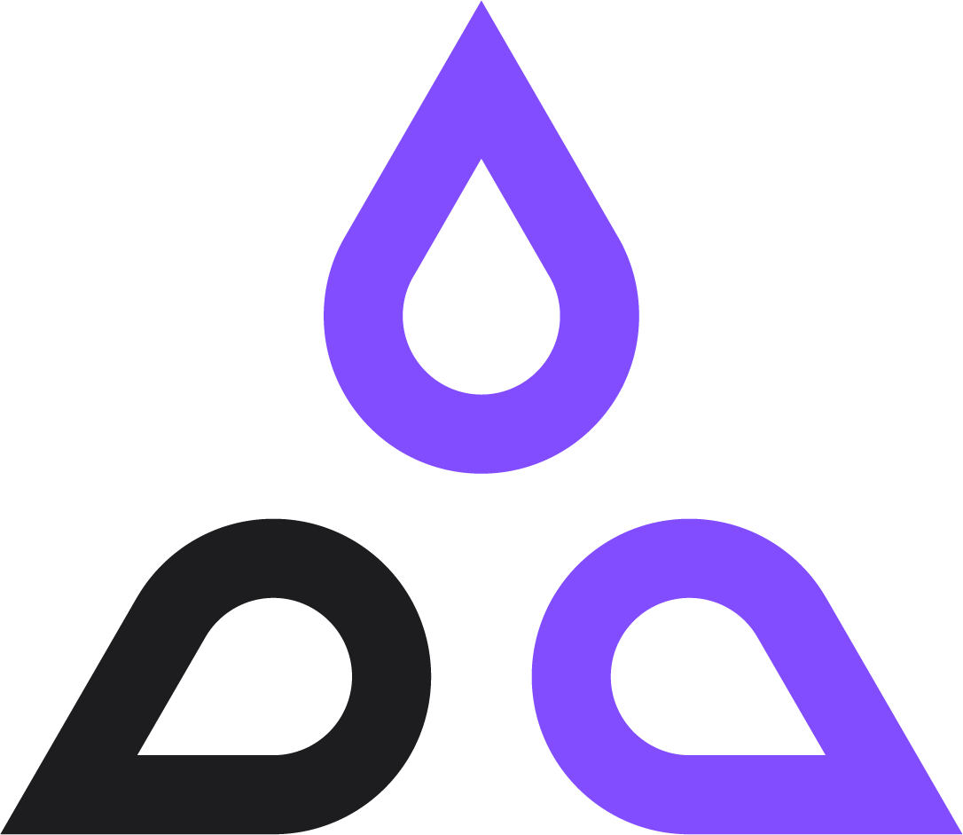A logo with a black background featuring a purple water droplet shape above a purple and black abstract design.