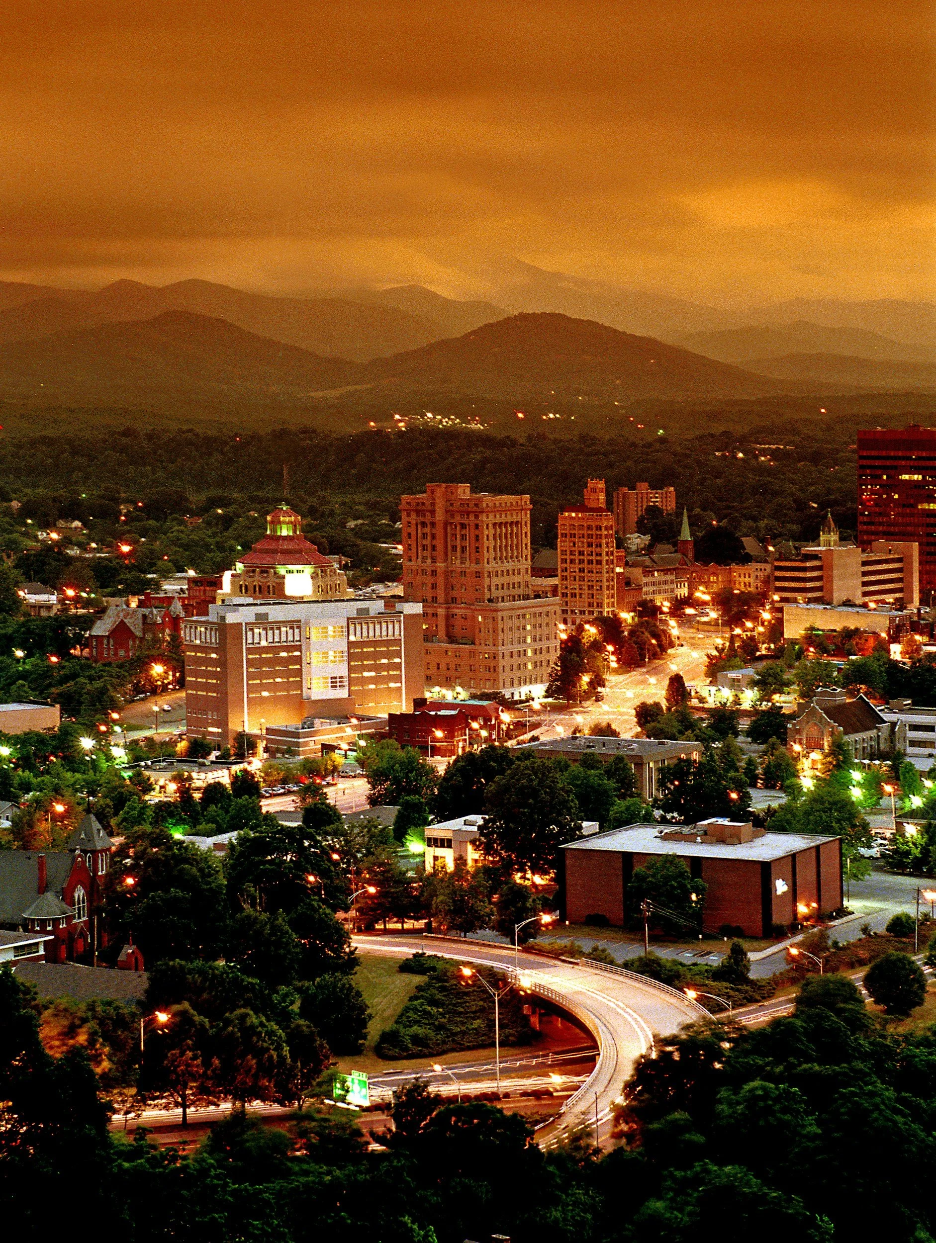 Nighttime skyline and city lights of downtown Asheville, North Carolina