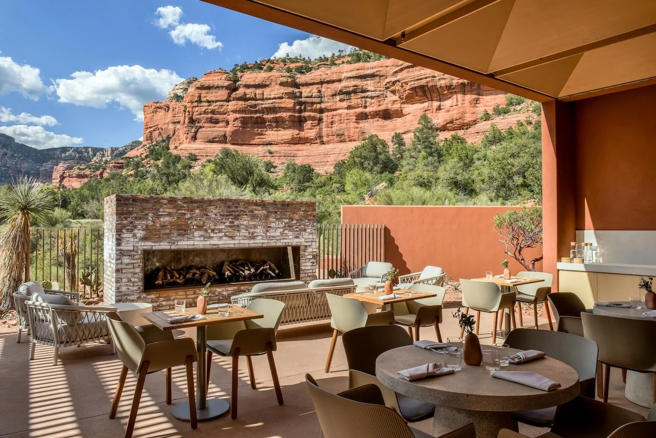 Hummingbird restaurant's open-air dining space at Mii amo in Sedona spa setting