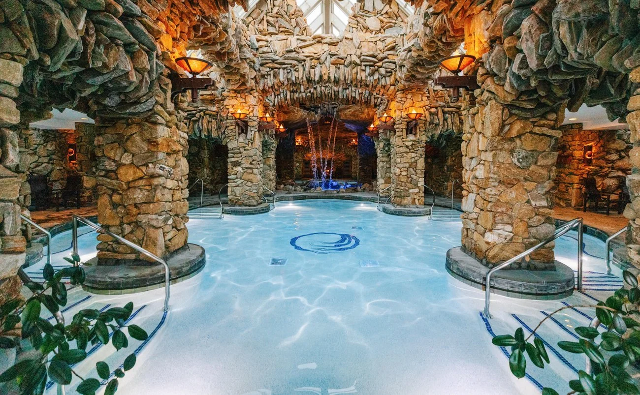 Subterranean spa at the Omni Grove Park Inn featuring stone architecture and water elements