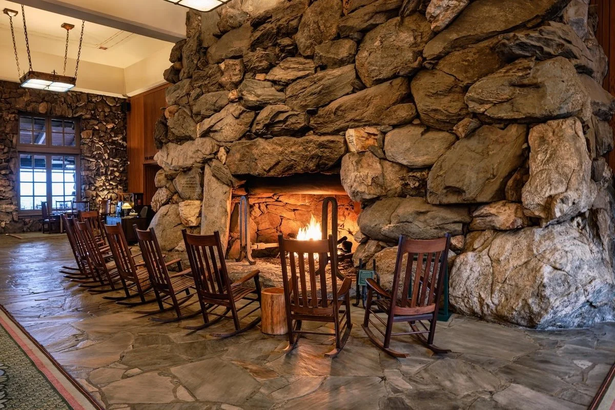 Massive stone fireplace in the Great Hall of The Omni Grove Park Inn
