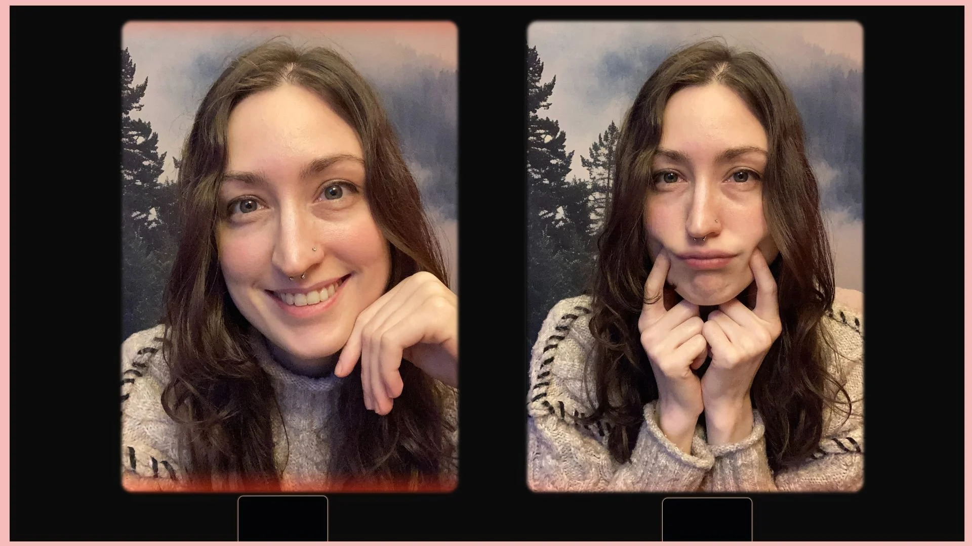 A split-screen photo of a young woman with long curly brown hair, light skin, and a septum piercing, wearing a knit sweater. In the left image, she is smiling with her hand resting under her chin, and in the right image, she is doing a lip trill.