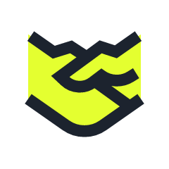 An abstract geometric logo with lime green and black shapes.