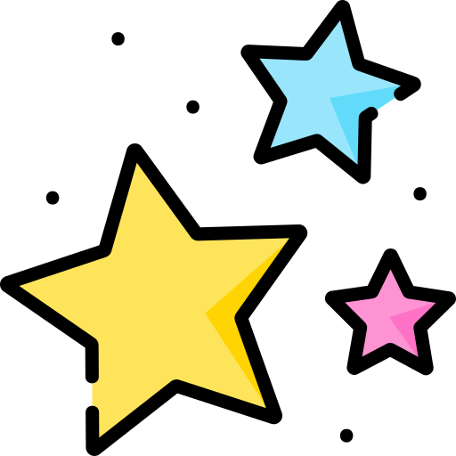Colorful stars in yellow, blue, and pink on a black background.