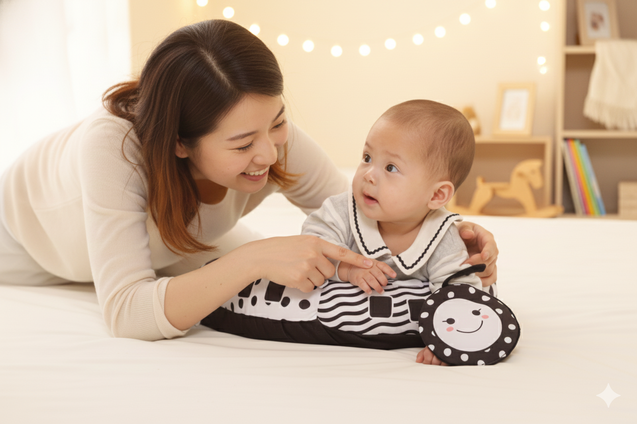 A woman and a baby lying on a bed, smiling at each other, with a bedroom background decorated with string lights.