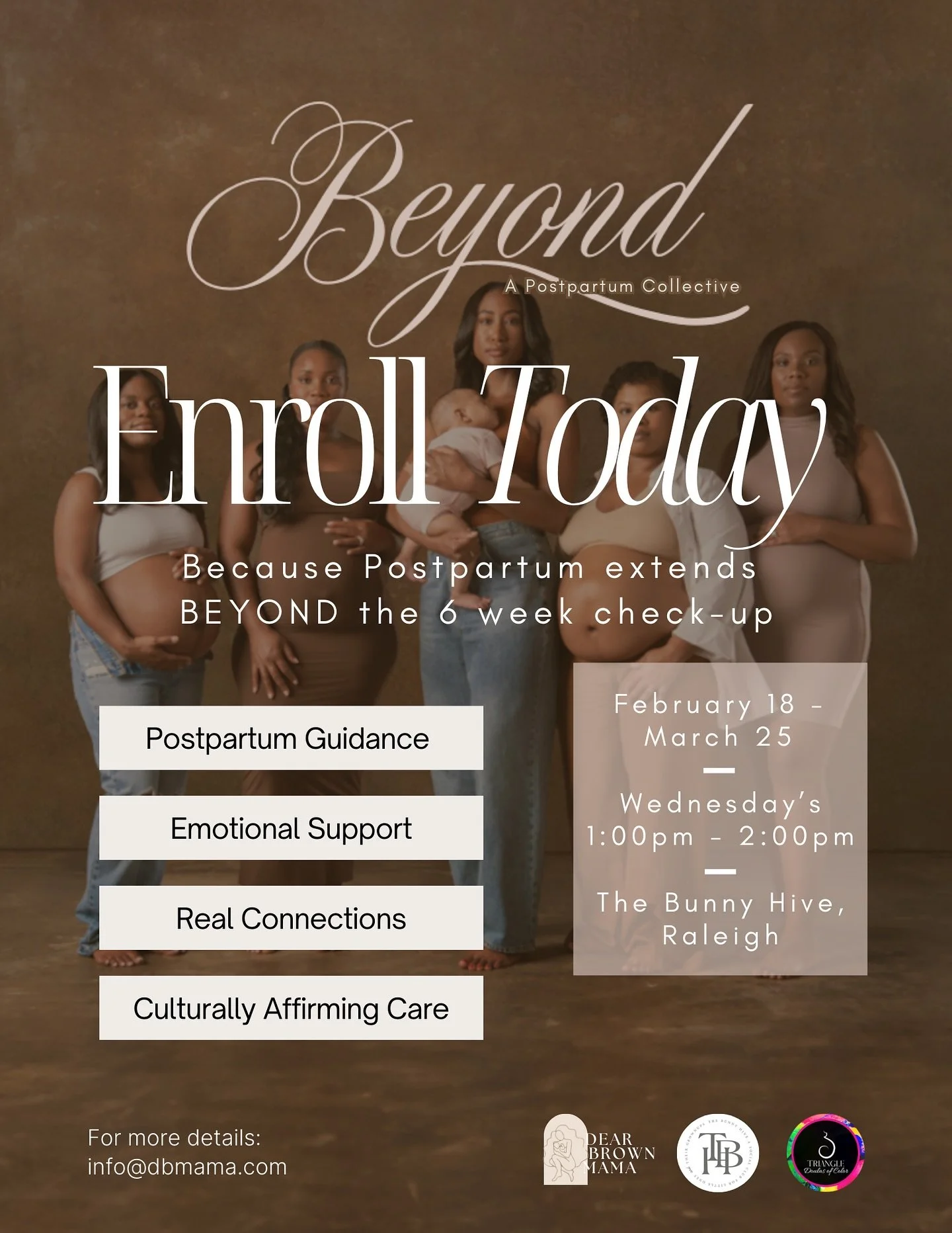 Postpartum does not end at six weeks and neither should your support.
Beyond is a culturally affirming postpartum collective for Black and Brown moms who deserve to be seen, held, and supported.

We begin February 18 at The Bunny Hive in Raleigh and 