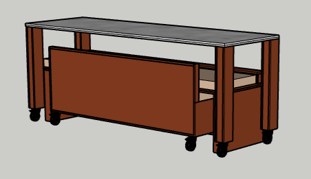 The original drawings for the primary furniture pieces. A fixed bench supports a trundle seat with storage to fit underneath, while a long table on castors acts as both a dining and kitchen prep surface that slides over the bench