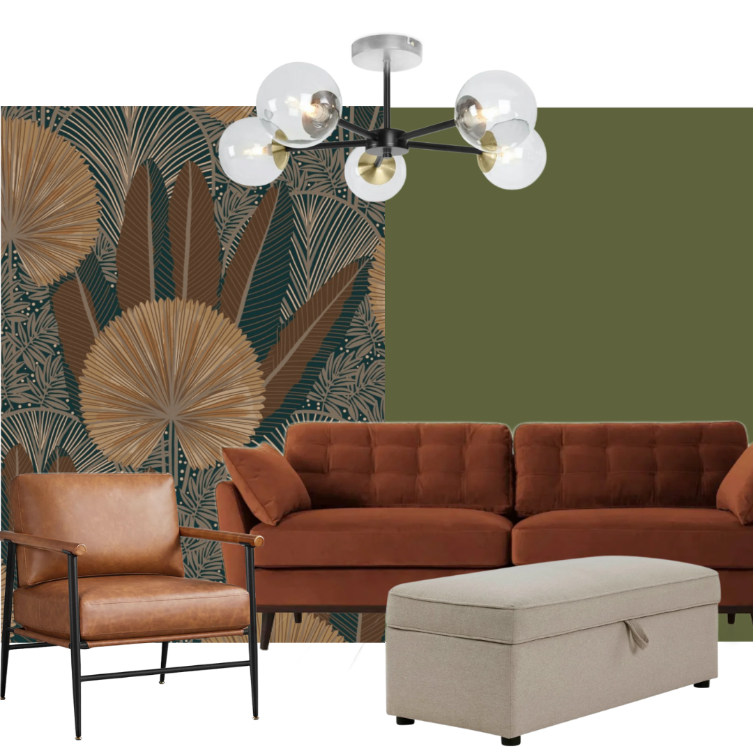 mood board concept illustrating a combination of pattern, colour, texture and furniture to demonstrate how a living room could be designed and styled