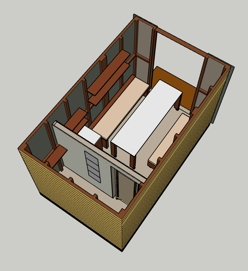 Overview of the whole beach hut outlining a dressing area in the back with a partial-height partition to allow natural light in
