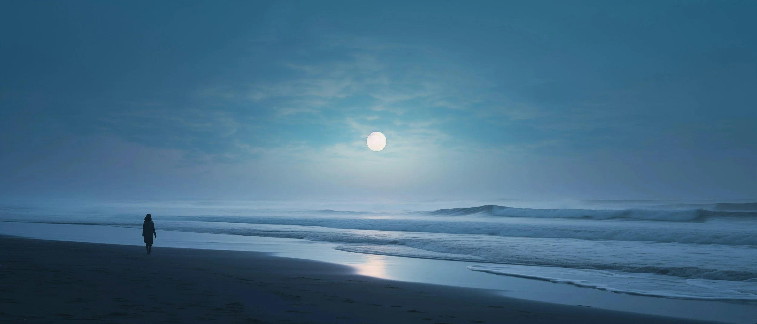 A person walking alone on a beach at night under a full moon with calm waves and a mostly clear sky.