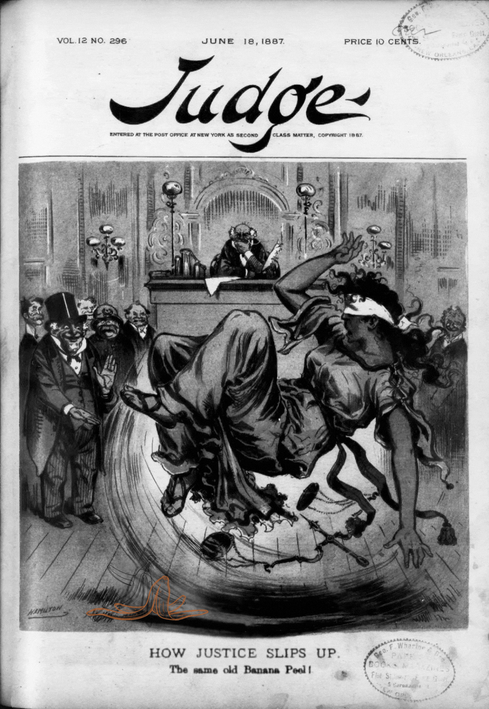 Historical cartoon from the June 18, 1887 issue of 'Judge' magazine depicting a courtroom scene where a woman, dressed as a witch, kicks a judge off a spinning record titled 'How Justice Slips Up.' The scene satirizes justice and legal issues of the time.