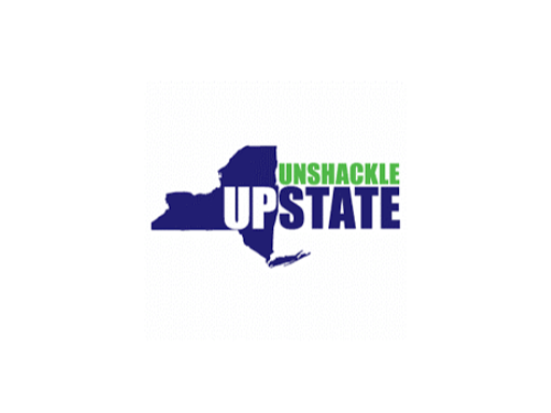 Logo of New York State with the words "UNSHACKLE UPSTATE" in green and purple.