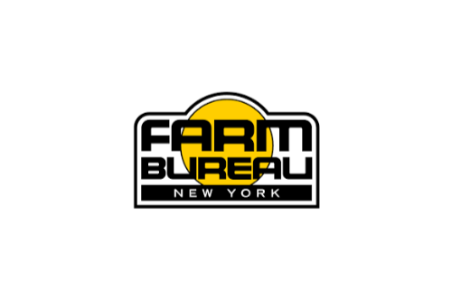 Logo for Farm Bureau New York featuring a yellow sun behind black text.