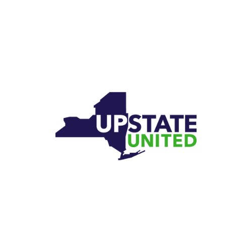 Logo of Upstate United with a navy blue outline of New York State and the text 'UPSTATE UNITED' inside, with 'UPSTATE' in white and 'UNITED' in green.