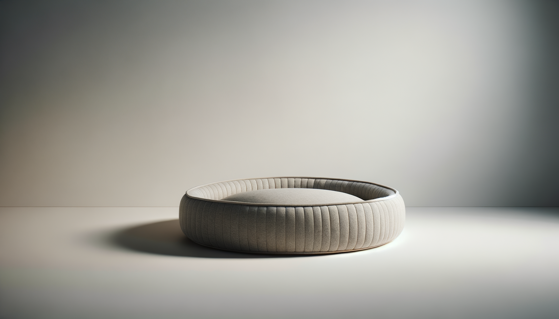 A round, beige upholstered pet bed with a cushioned interior on a neutral background.