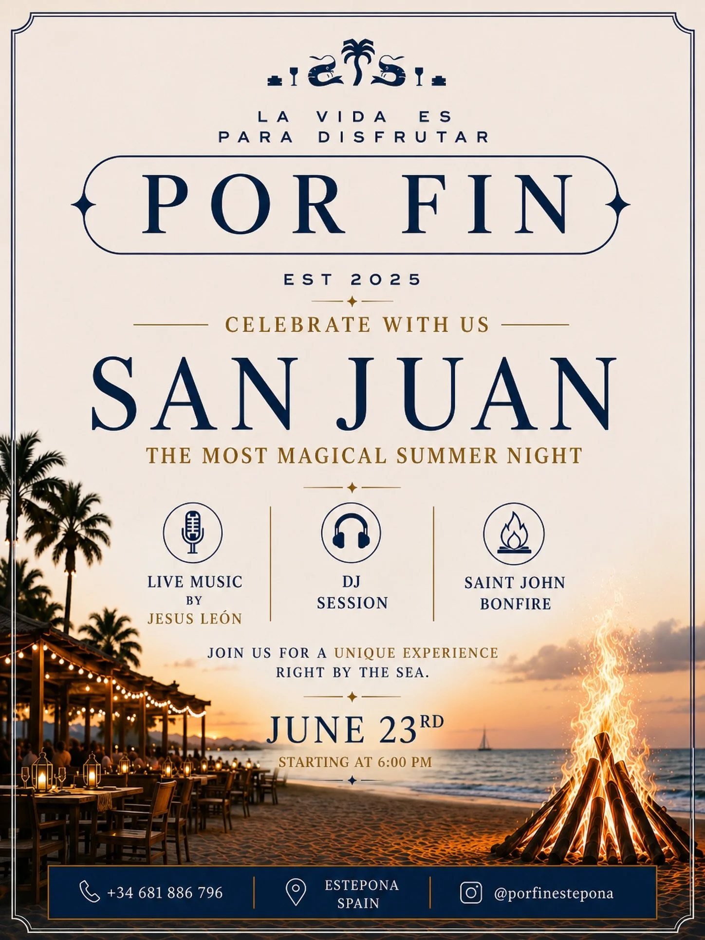 The most magical summer night arroces at #Porfin 🔥✨ 🌒 Enjoy the best Live music &amp; "San Juan" Bonfire 🔥 On the shores of the Mediterranean sea 🌊