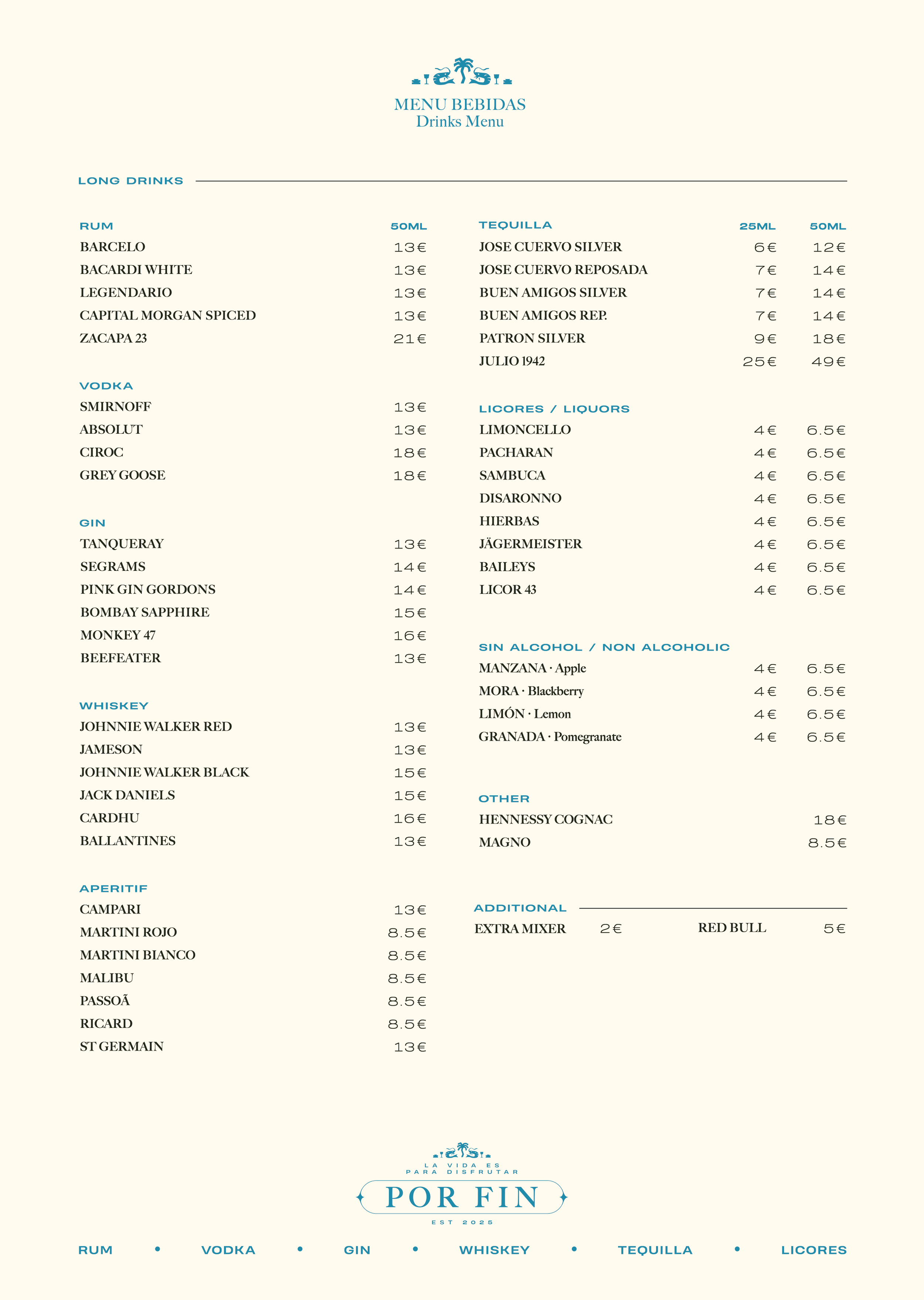 Drinks menu featuring long drinks, vodka, gin, whiskey, aperitif, tequila, liquors, non-alcoholic options, other spirits, and additional items with prices in euros.