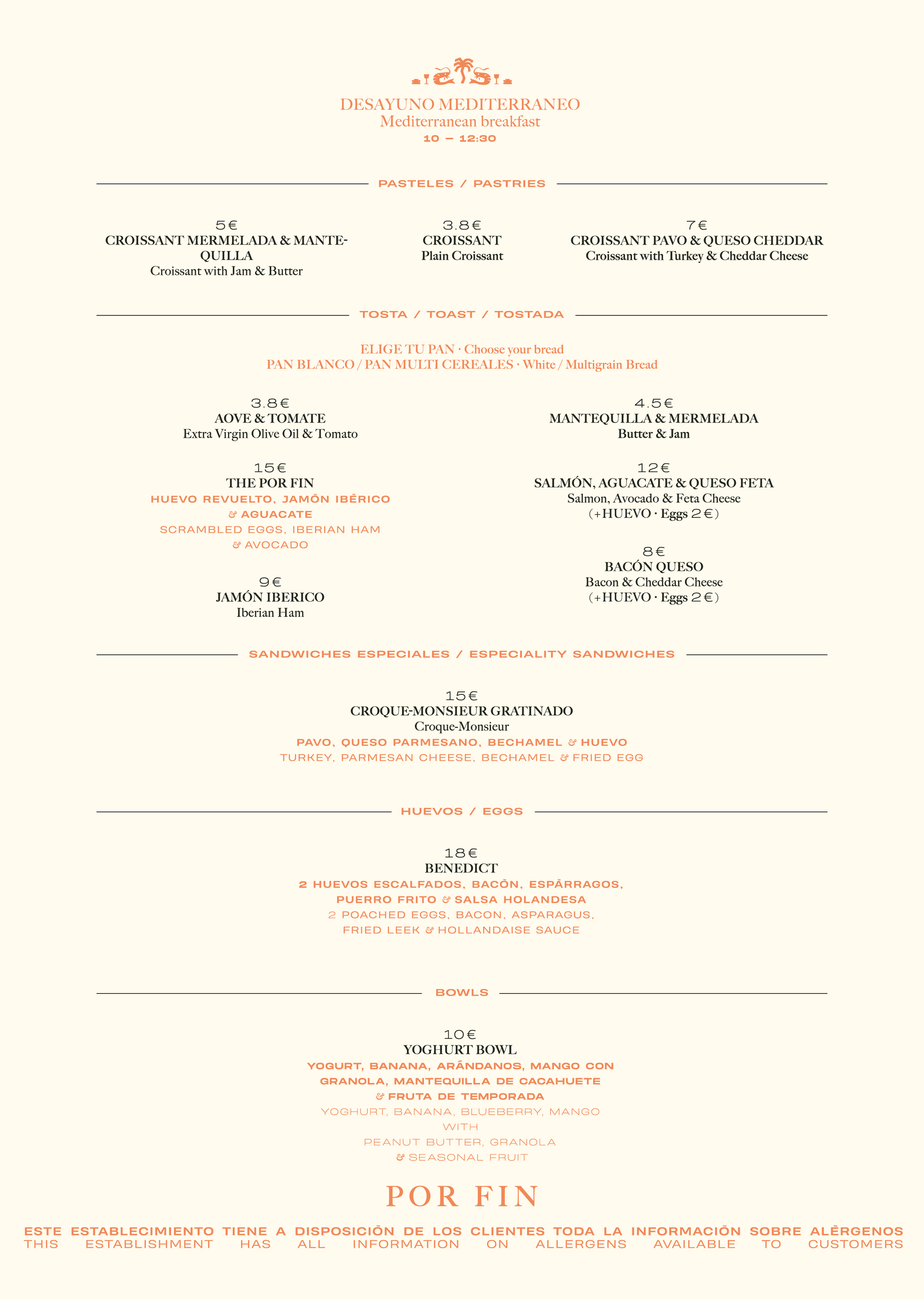 Mediterranean breakfast menu with sections for pastries, toast, specialty sandwiches, eggs, and bowls, written in both Spanish and English.