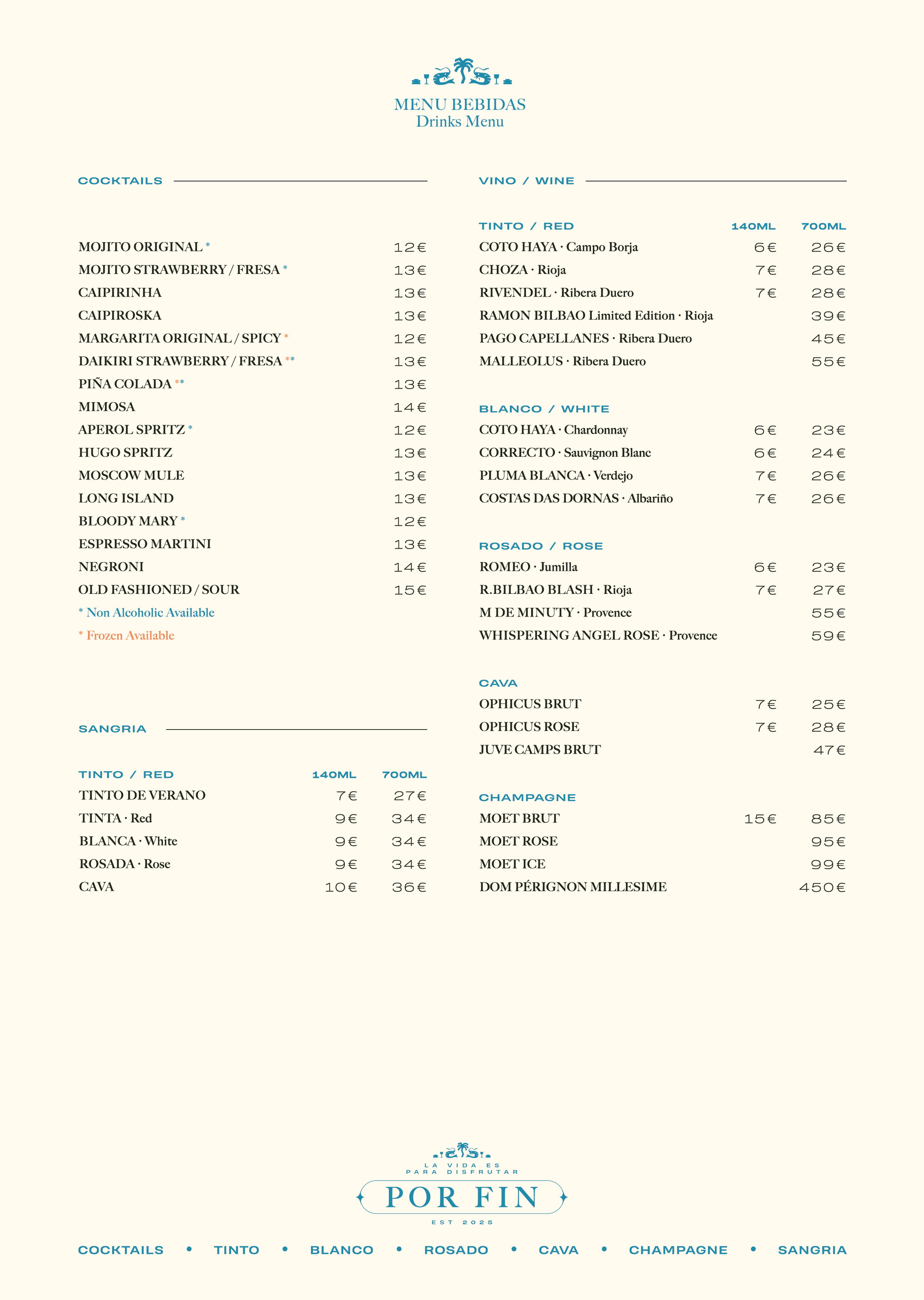 Costa Rica-themed Drinks Menu in Spanish with beer, wine, champagne, and cocktails listed with prices.