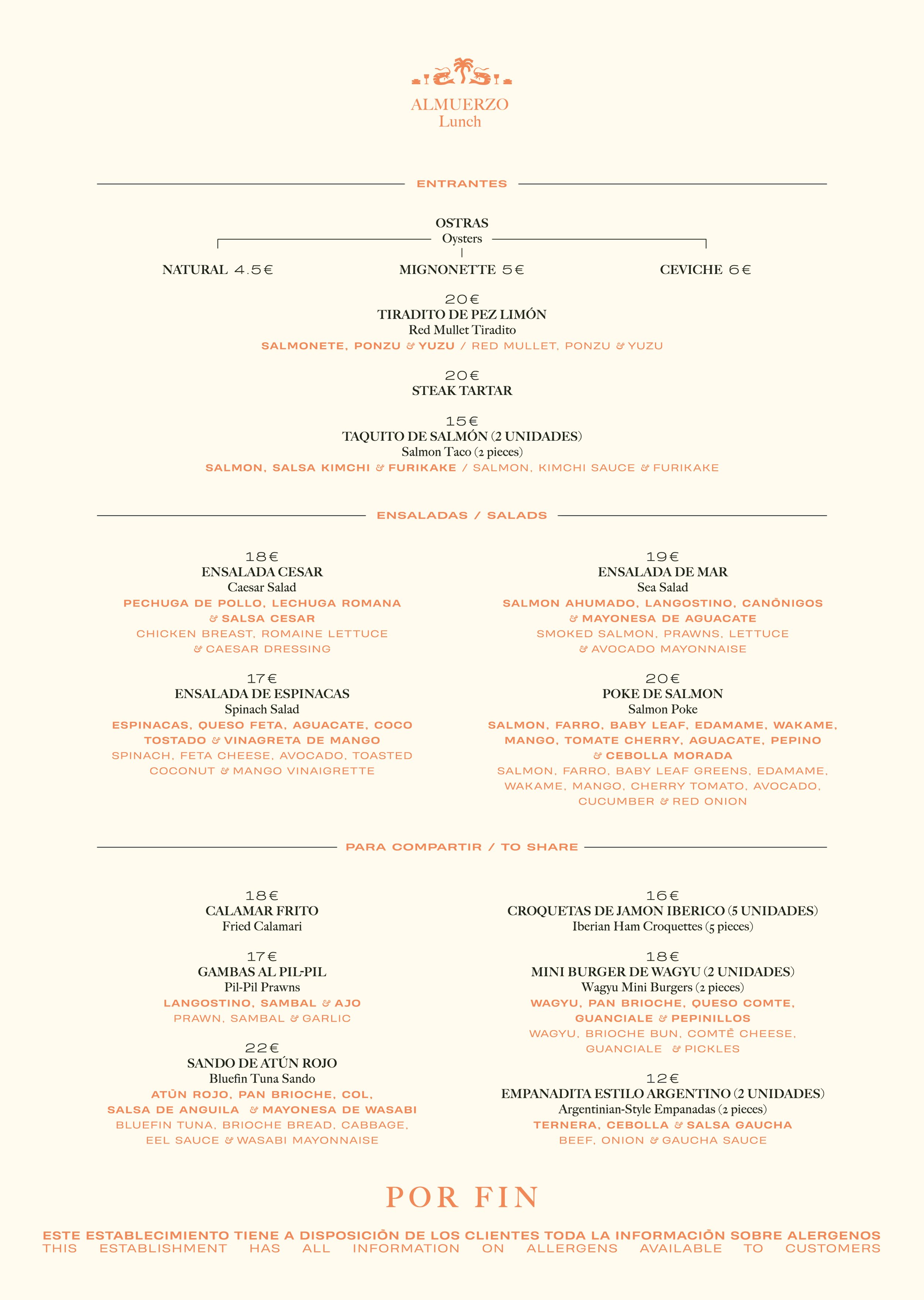 Spanish lunch menu with sections for starters, salads, shareable dishes, and allergen information, featuring items like oysters, seafood, salmon, and various tapas.