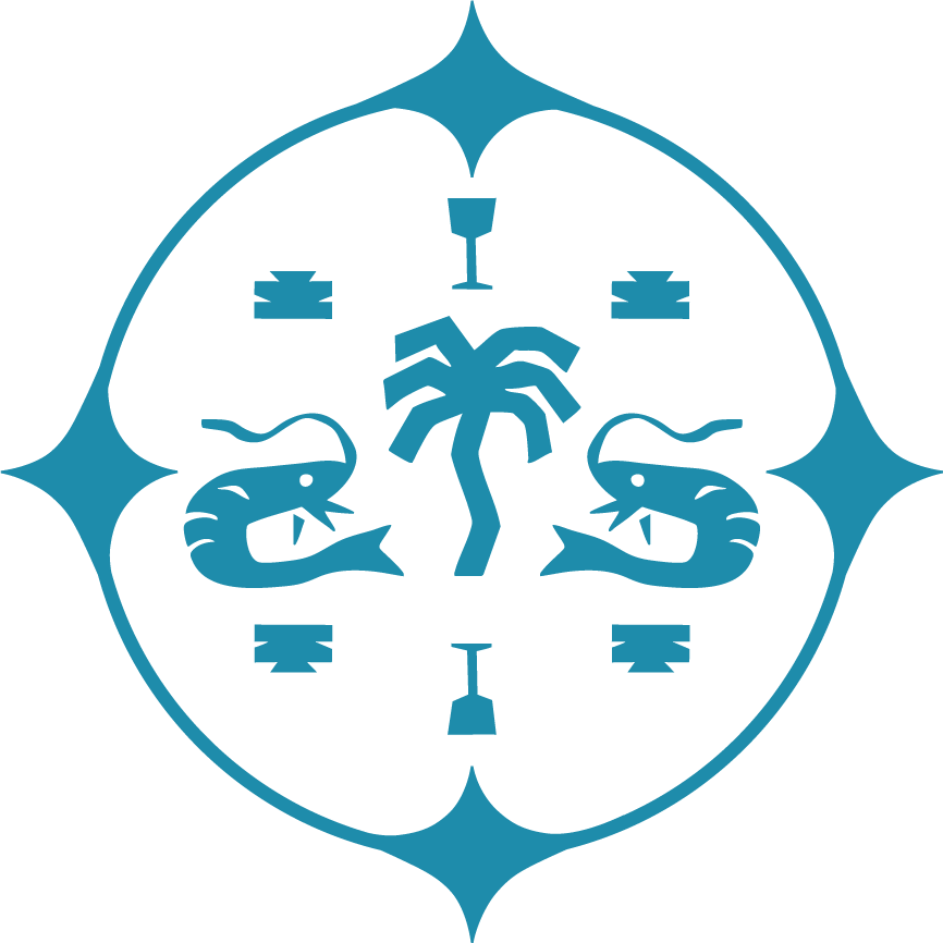 A circular logo featuring two shrimp facing each other, a central palm tree, a wine glass, and six bottles surrounding the central elements.