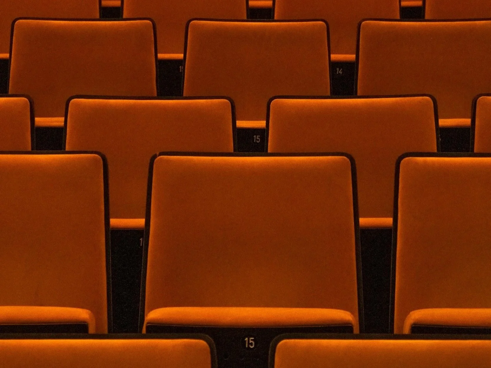 Rows of orange theater seats with black numbering, empty in a dimly lit auditorium.