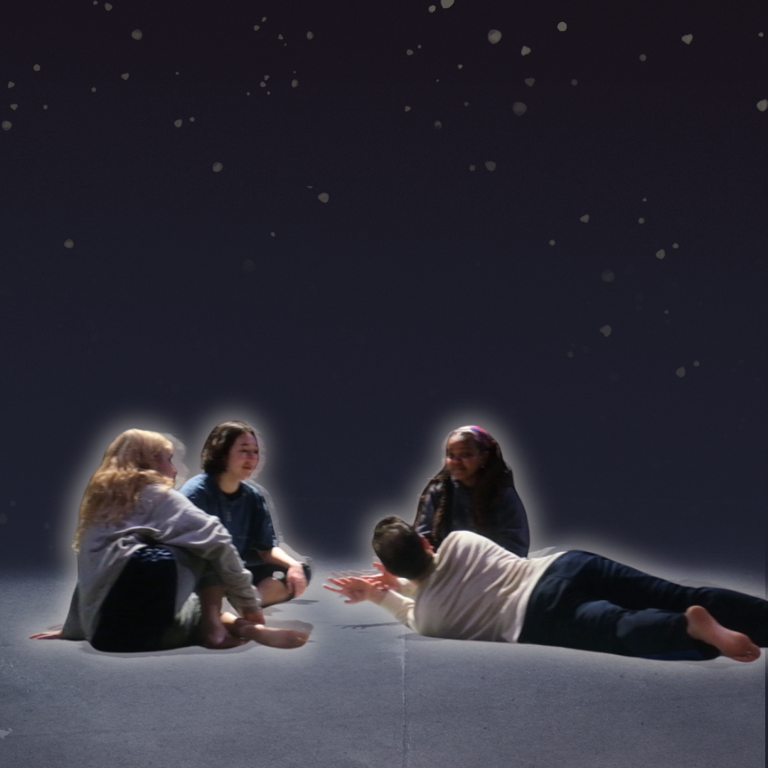 Four children sitting and lying on the ground under a starry night sky, engaged in conversation or play.
