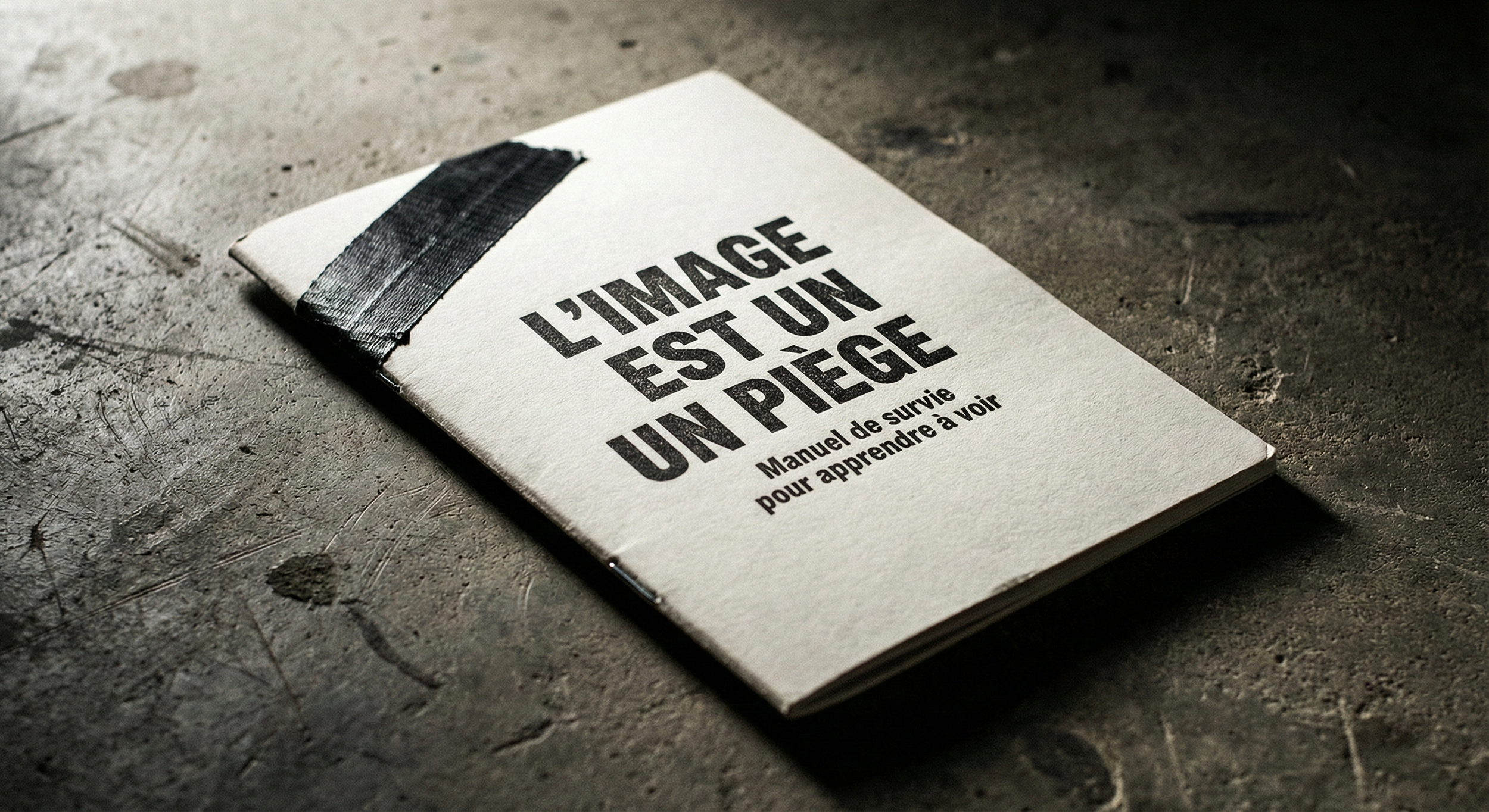 Livre avec un bandeau noir sur la couverture, intitulé "L'image est un un piège - Manuel de survie pour apprendre à voir", posé sur une surface en béton.