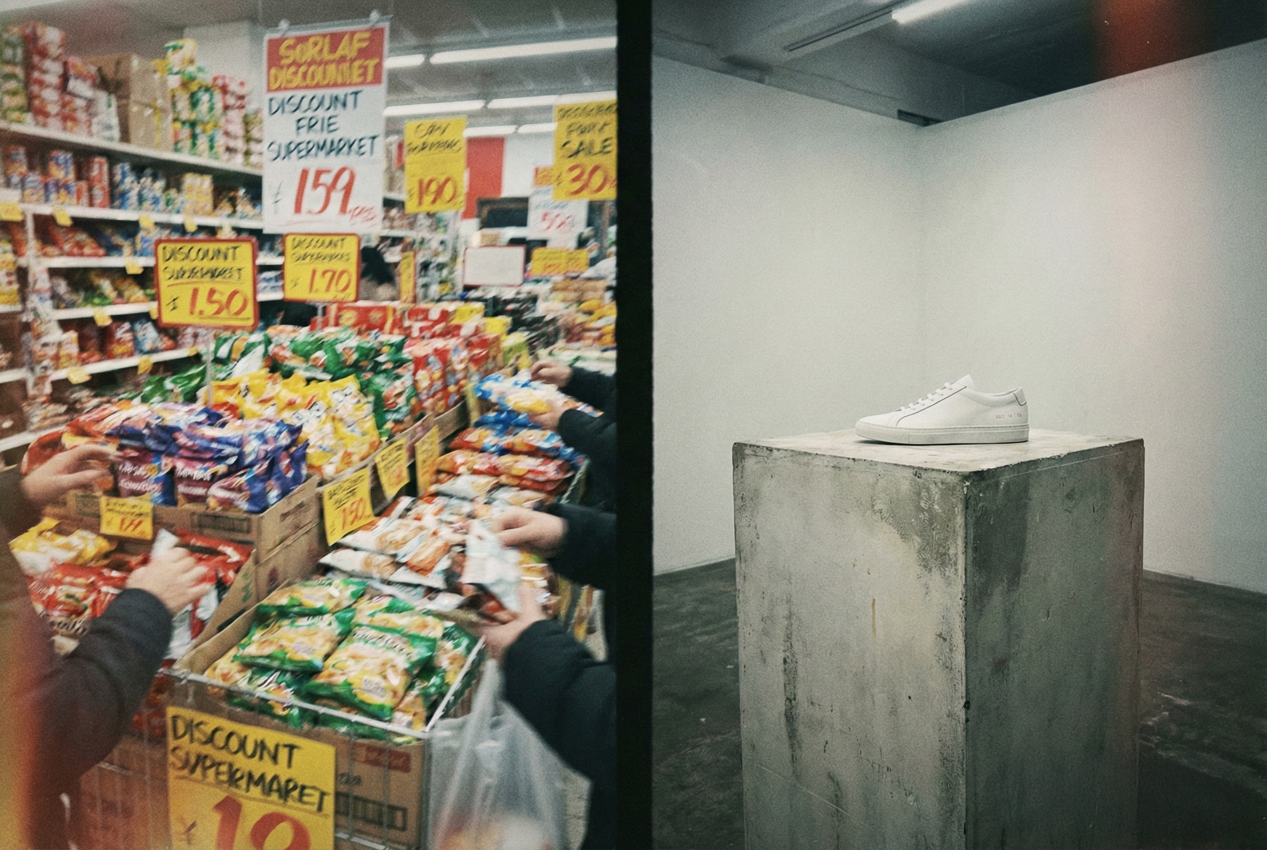 Comparaison densité visuelle supermarché discount vs boutique de luxe minimaliste.