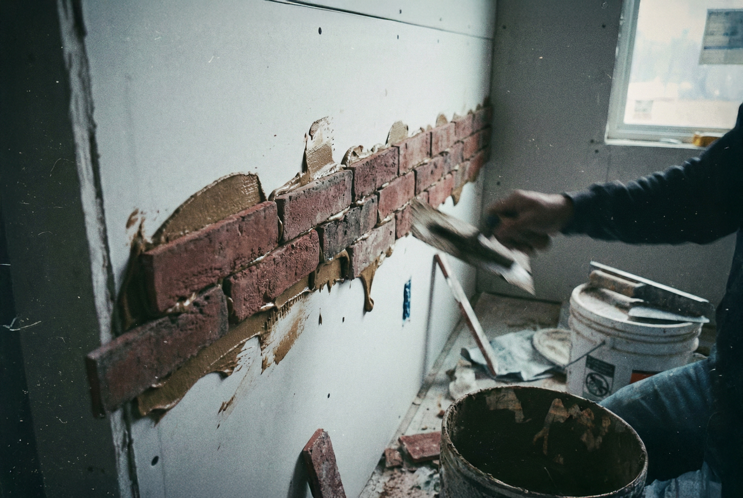 Pose de parement brique rouge sur mur placo, décoration style industriel faux.