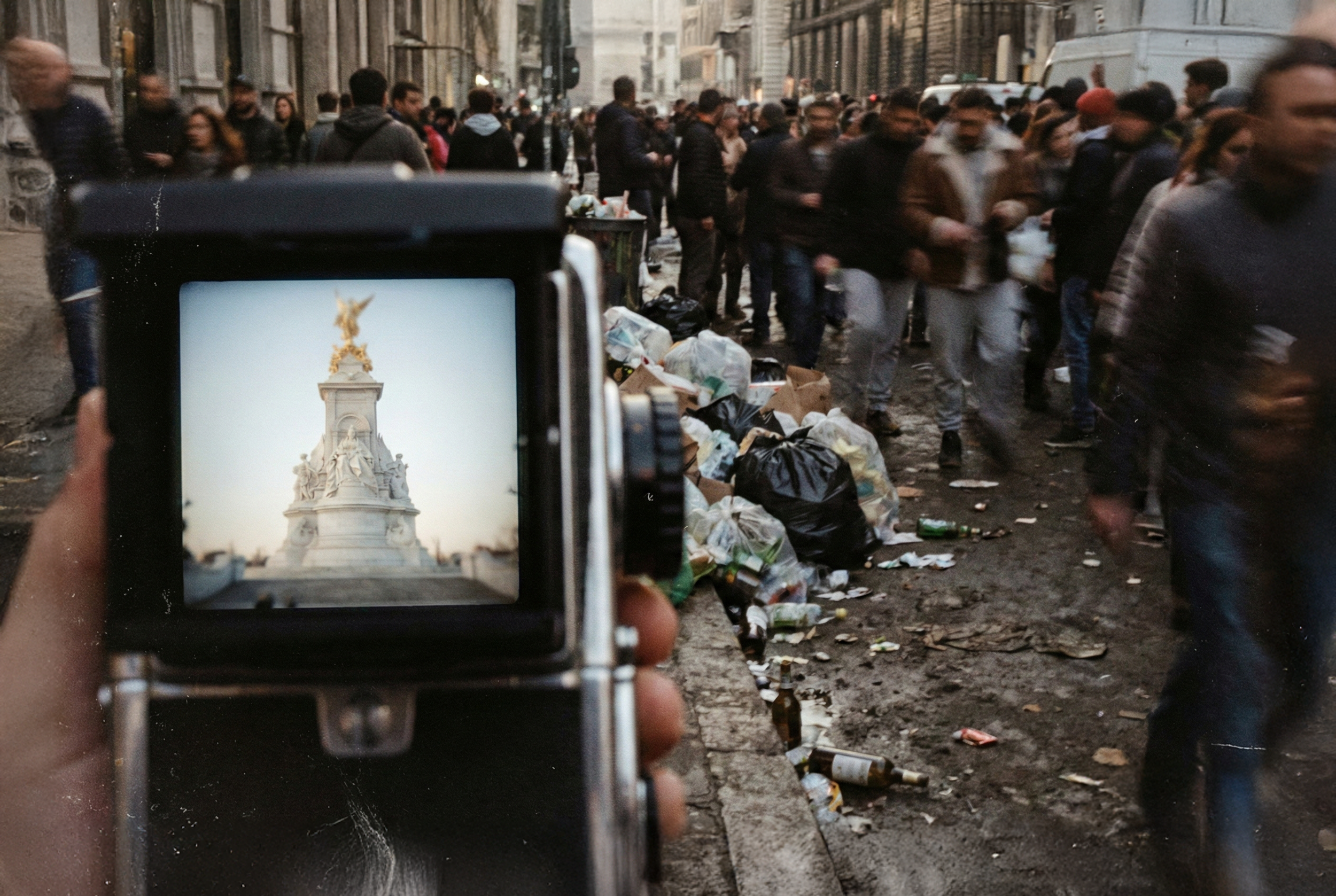 Alt Text : Comparaison entre une photo touristique cadrée et la réalité hors-champ polluée.