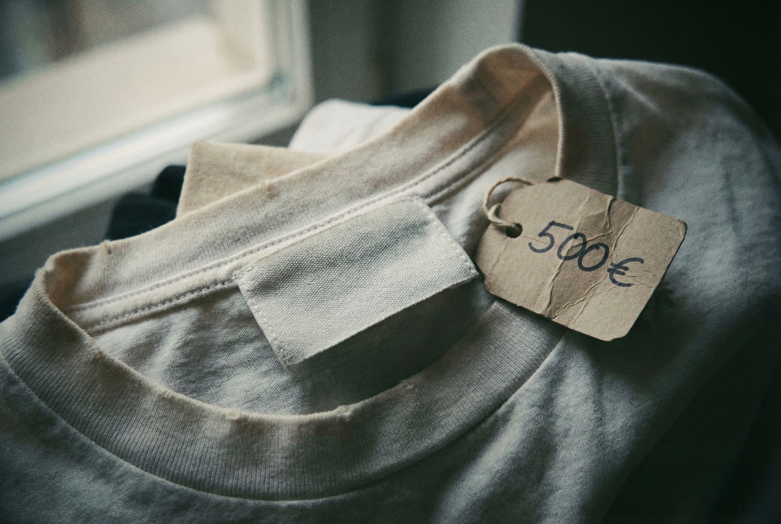 Alt Text : T-shirt Quiet Luxury sans logo avec prix élevé, concept The Row ou Loro Piana.