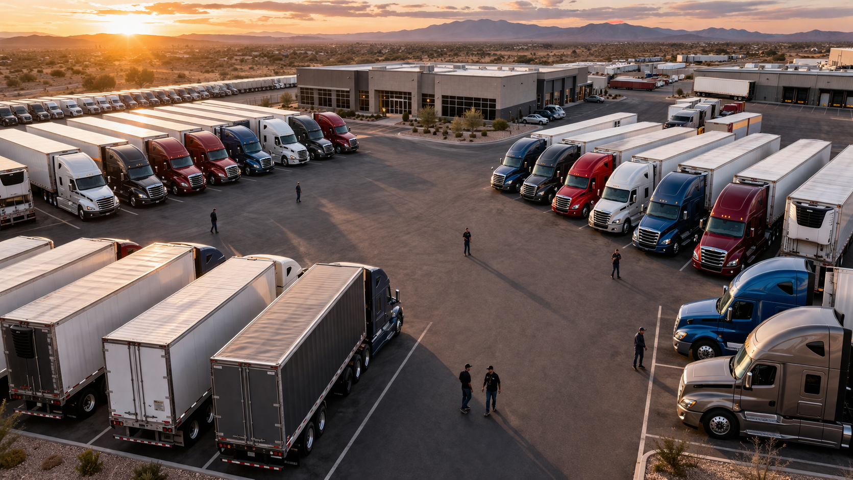 A large parking lot filled with semi-trucks, some parked and others in motion, with a modern building in the background and mountains in the distance during sunset.