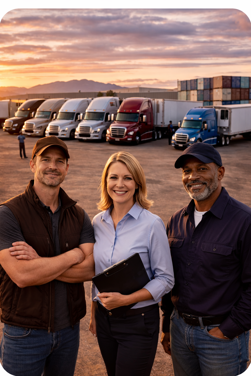 Three smiling people standing in front of a fleet of semi-trucks at sunset, with shipping containers and mountains in the background.