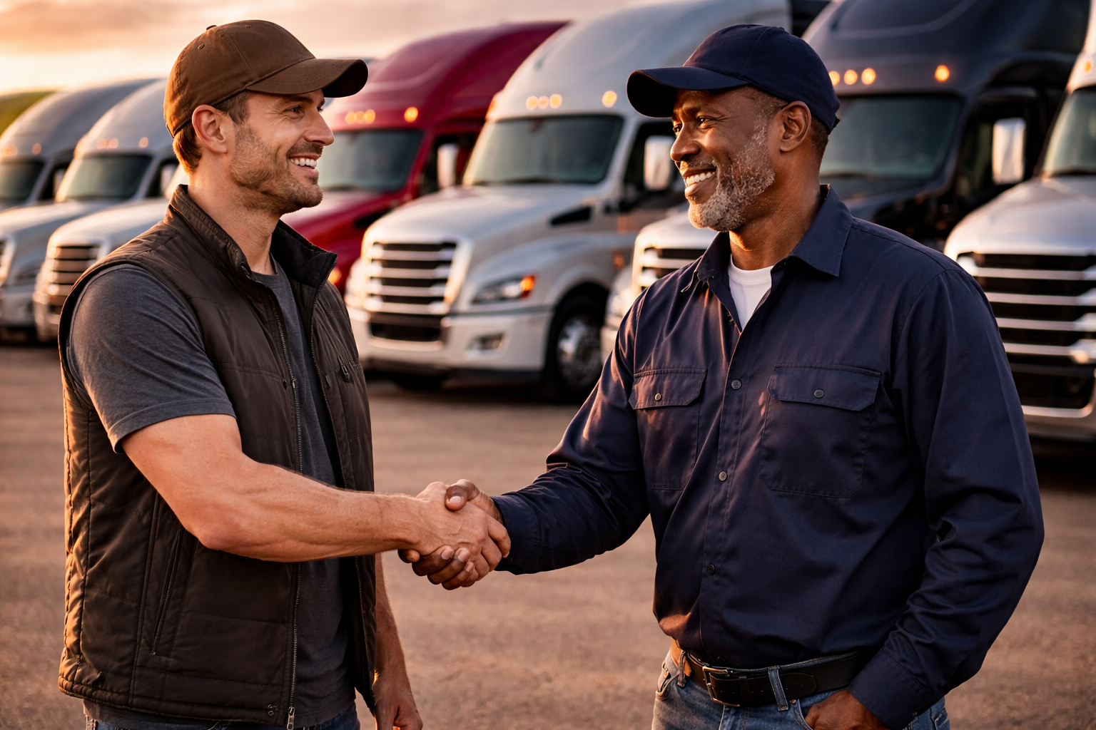 Two men shaking hands in a truck parking lot at sunset, with multiple trucks parked in the background.