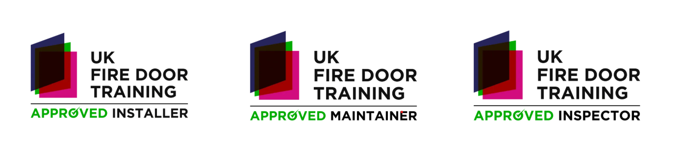 Three certification logos for UK Fire Door Training, each indicating approved status for installer, maintainer, and inspector, with the logos having abstract geometric shapes with overlapping colors and the certification status in green.