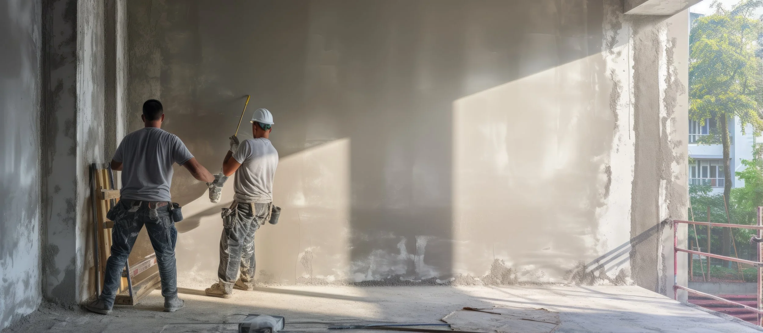 Two construction workers in a partially finished room, one wearing a white hard hat and safety glasses, applying plaster or paint to the wall. The other worker, dressed in a gray t-shirt, stands nearby. Natural sunlight illuminates the scene, with a tree visible outside.